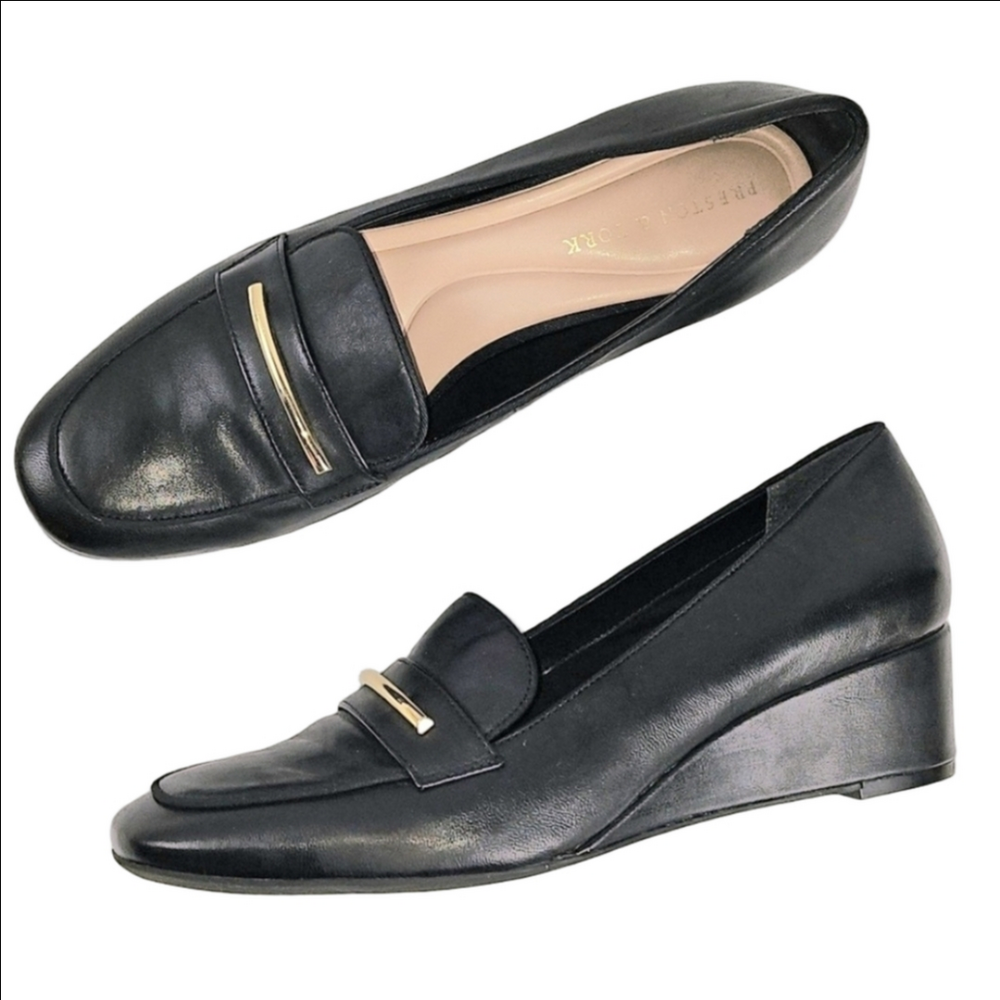Preston & York Ellen Black Leather Slip On Wedge Heel Cushioned Loafer Pump
